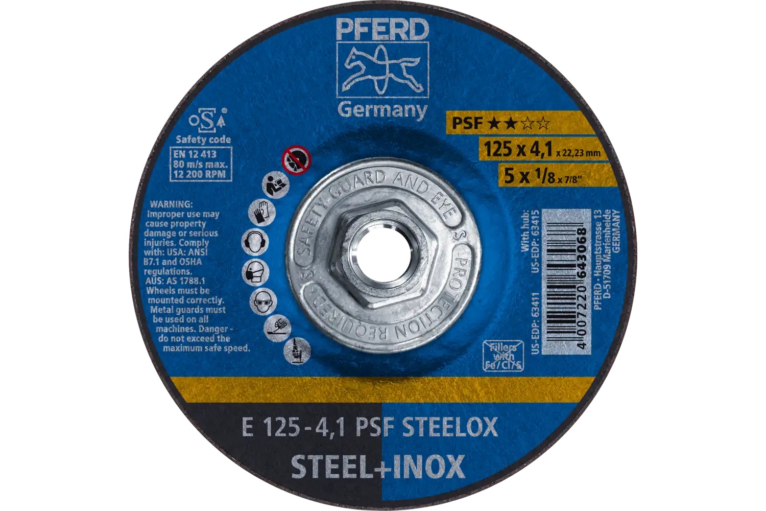 Picture of Pferd Grinding Wheel, 5" X 1/8 X 5/8-11, Psf Steelox, T27, Aluminum Oxide